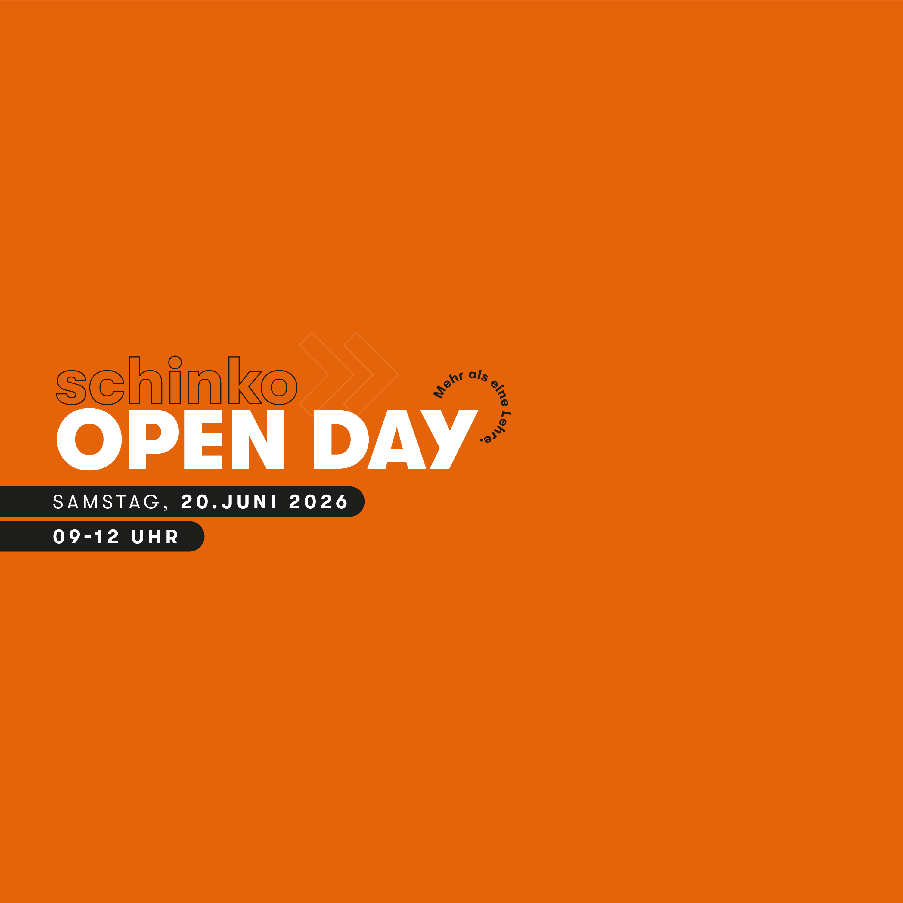 Orange poster announcing an Open Day with bold white text 'OPEN DAY' and black rounded date/time badges at the bottom, plus decorative elements.