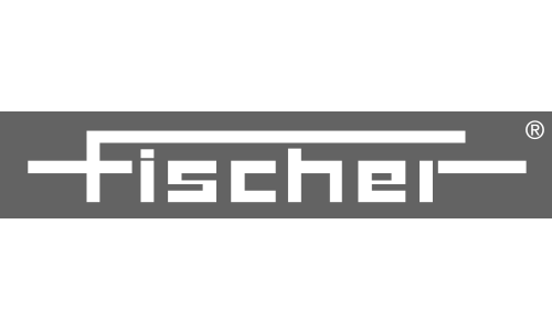 Fischer brand logo on a dark gray band with white stylized lettering and horizontal lines, including a registered trademark symbol.