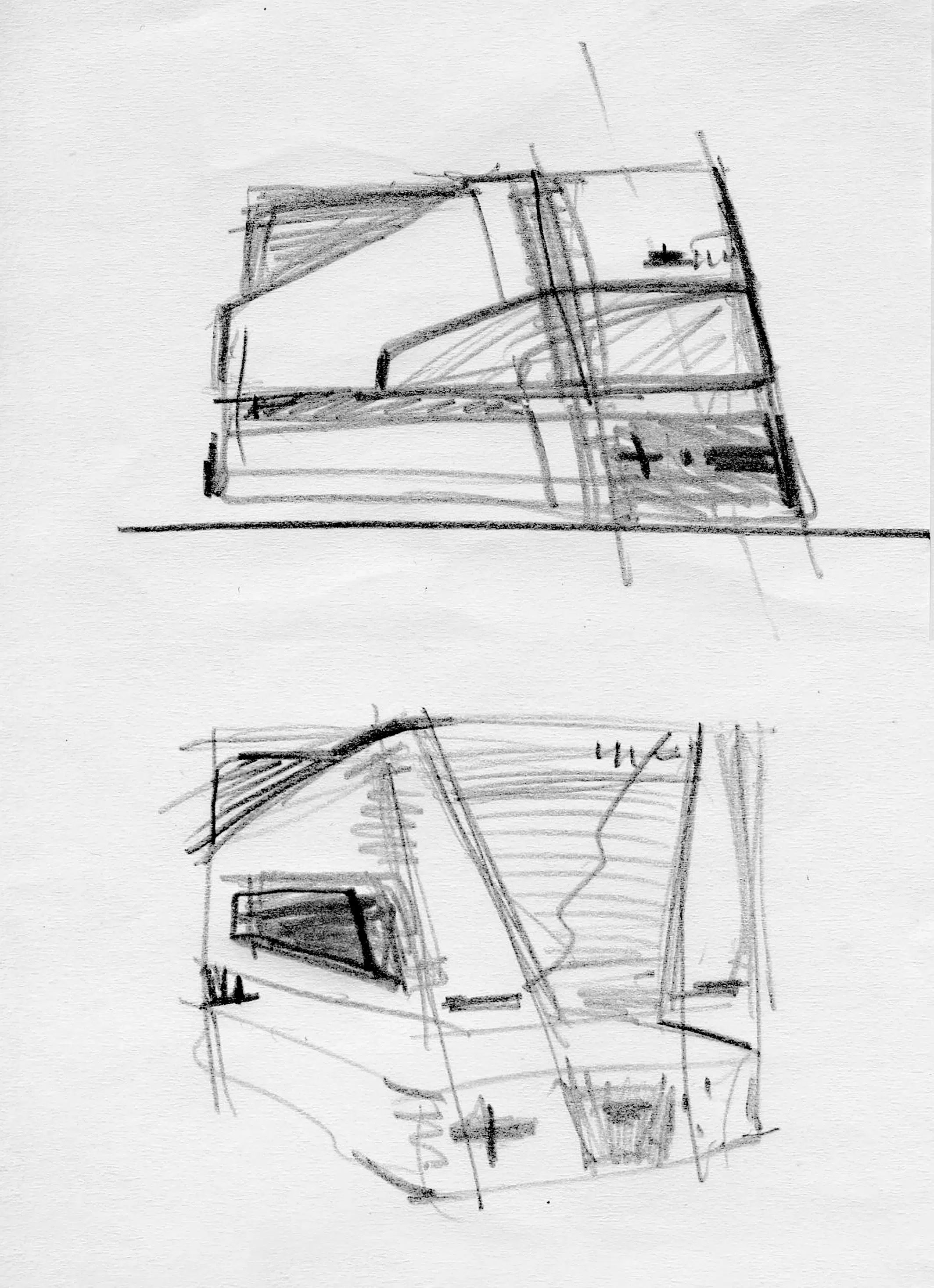 Rough pencil sketch of a geometric, boxy piece of furniture with angled frames and diagonal supports, like a modern chair or cabinet.