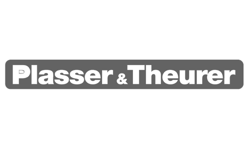 Plasser & Theurer logo: white bold text on a dark gray rounded rectangle.