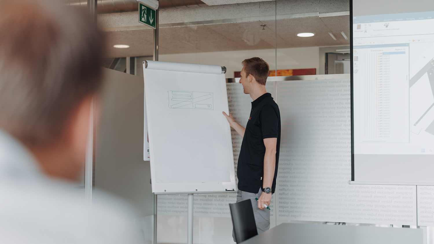 Presenter in a black polo stands beside a flip chart drawing, lecturing to an audience in a modern conference room with a projection screen nearby.