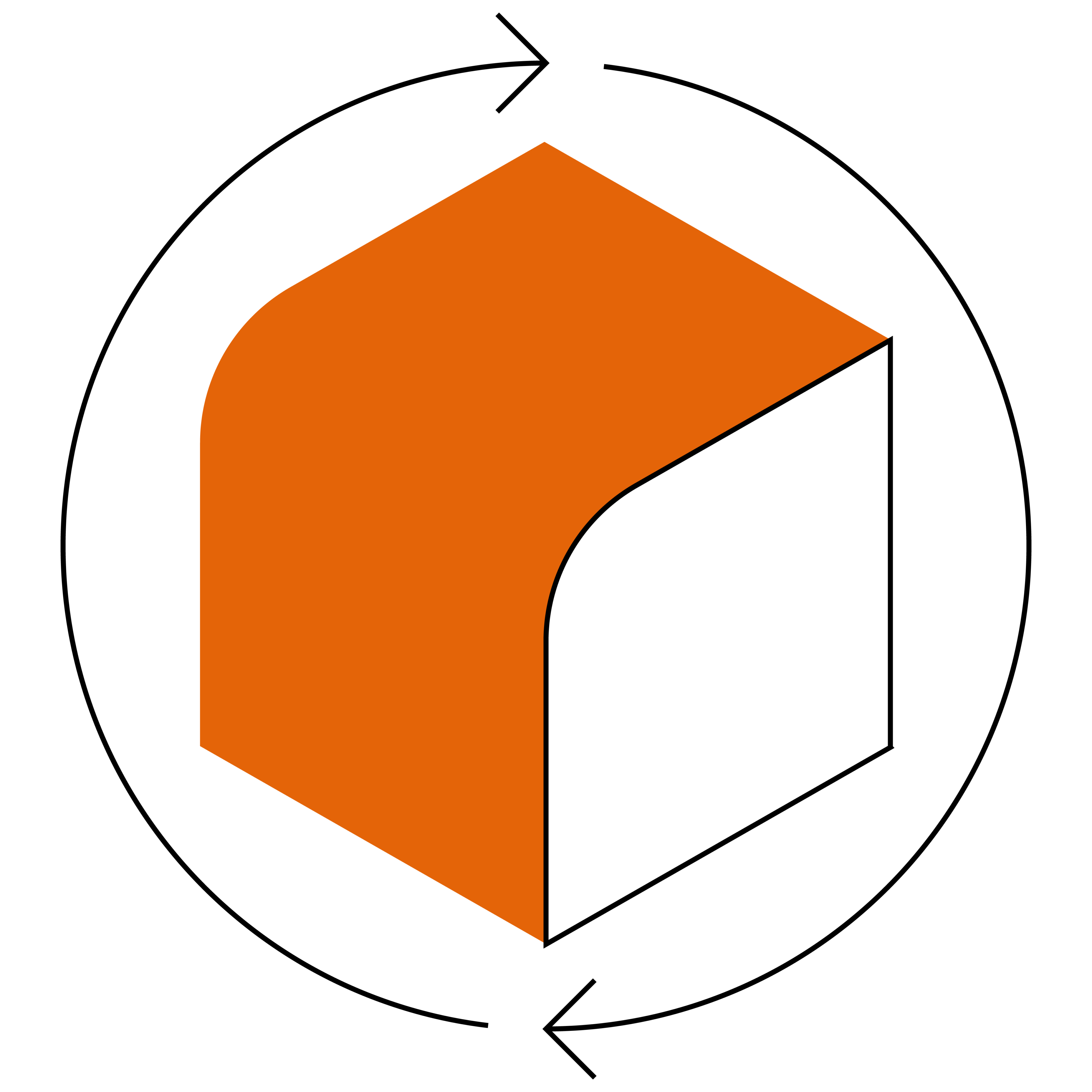 Abstract orange geometric shapes on a black background forming a stylized, curved motif.