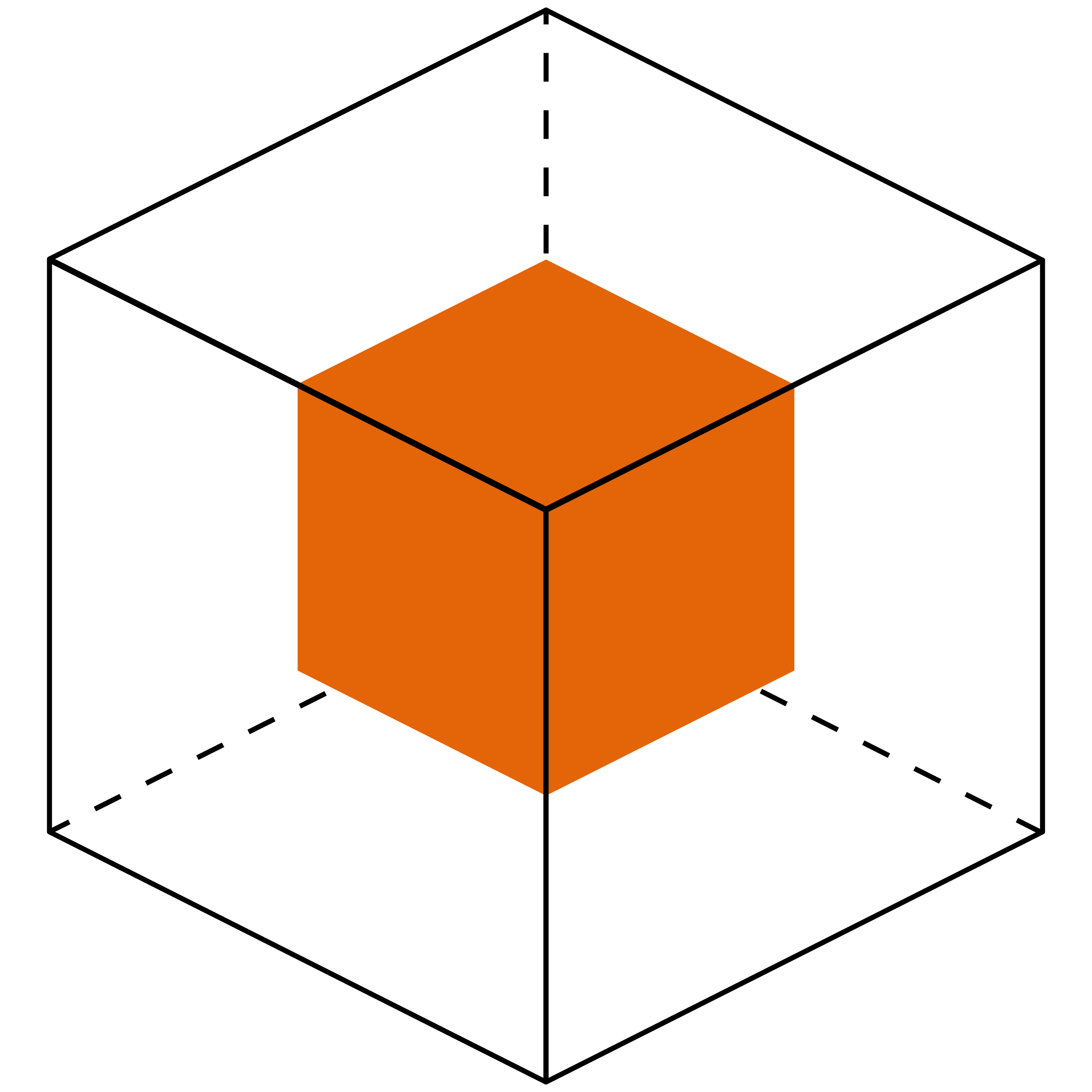 Orange 3D cube with black edges on a black background, viewed from above.